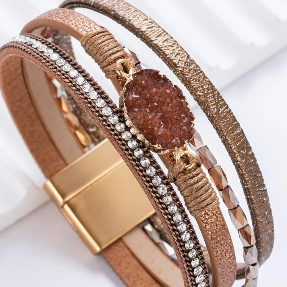 Leather Wrap Boho Cuff Bracelet Crystal Bead Multi Layer Jewelry Gift Women